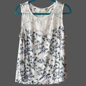 H&M Women's White Floral Tank Top with Lace Front Size Large